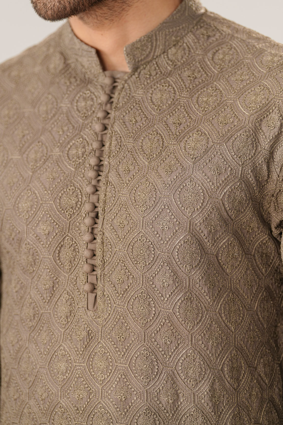 Maahir - Taupe Raw Silk Embroidered Kurta Trouser