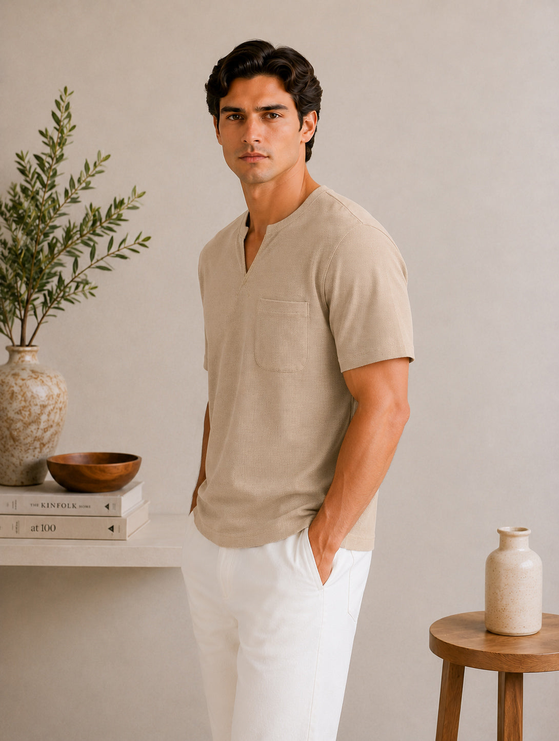 Beige V-neck Henley - Men - Men