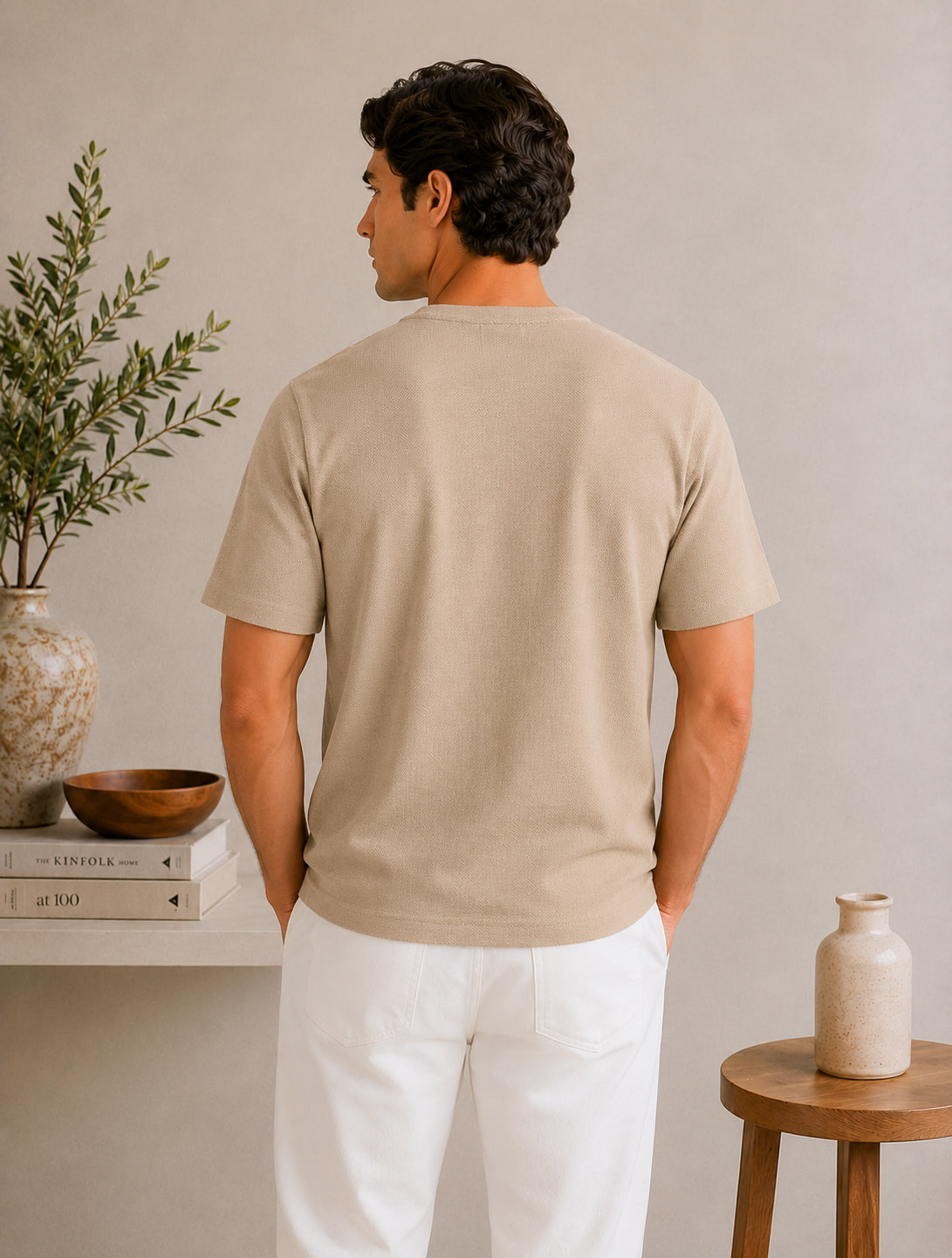 Beige V-neck Henley - Men - Men
