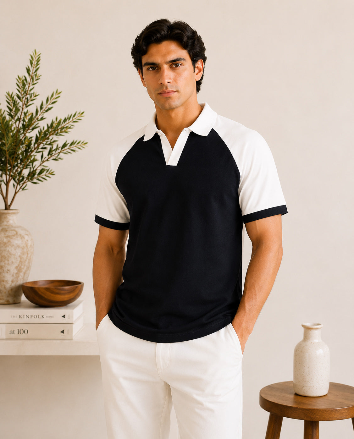 Black & White Contrast Raglan Polo - Men - Men