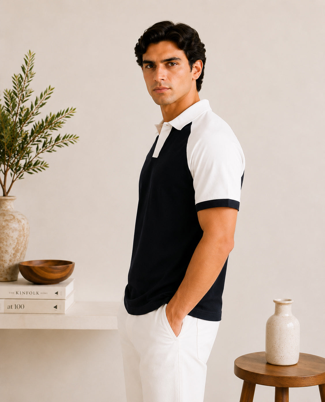 Black & White Contrast Raglan Polo - Men - Men