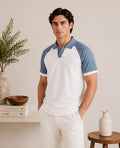 White and Sky Blue Contrast Raglan Polo - Men
