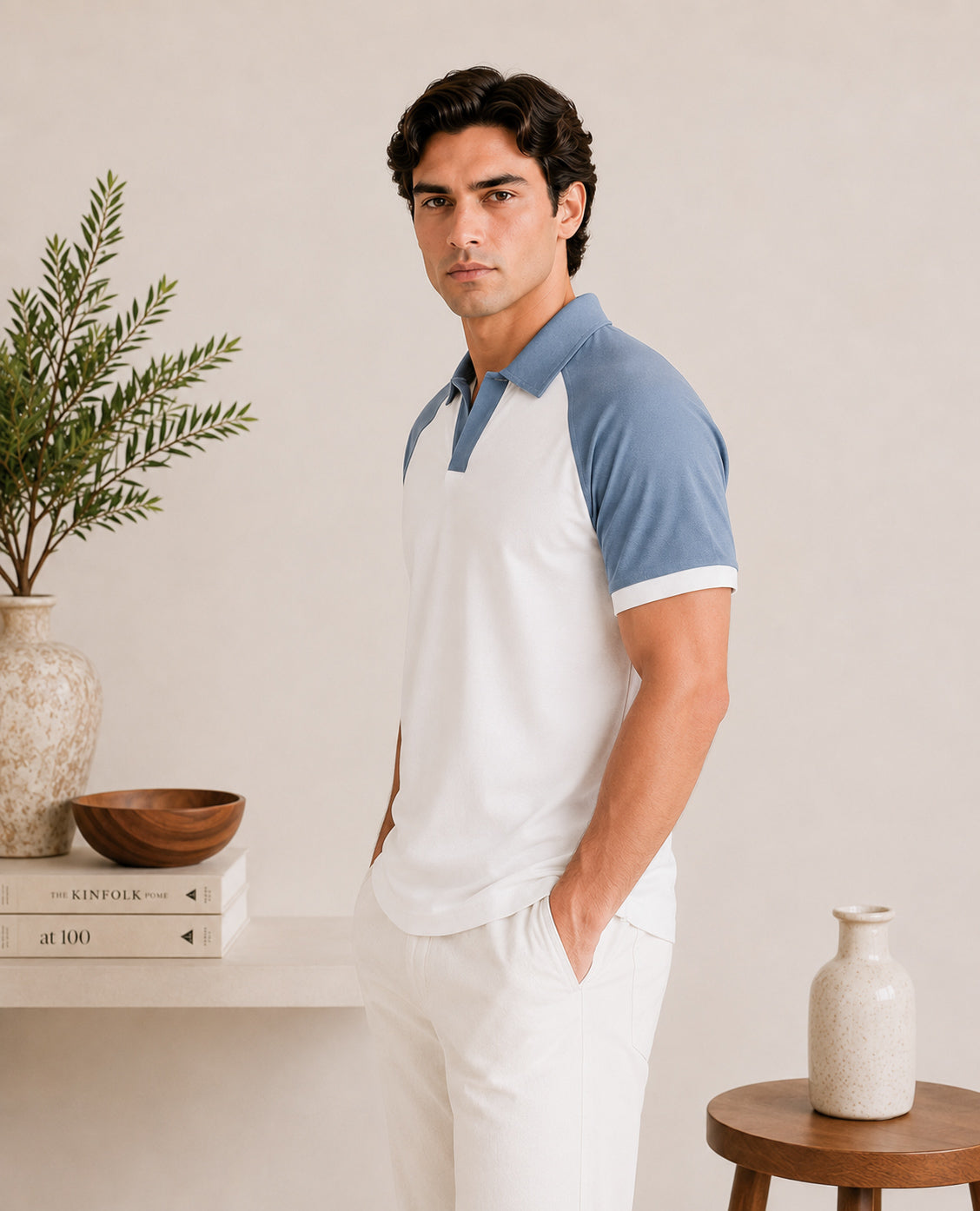 White and Sky Blue Contrast Raglan Polo - Men - Men
