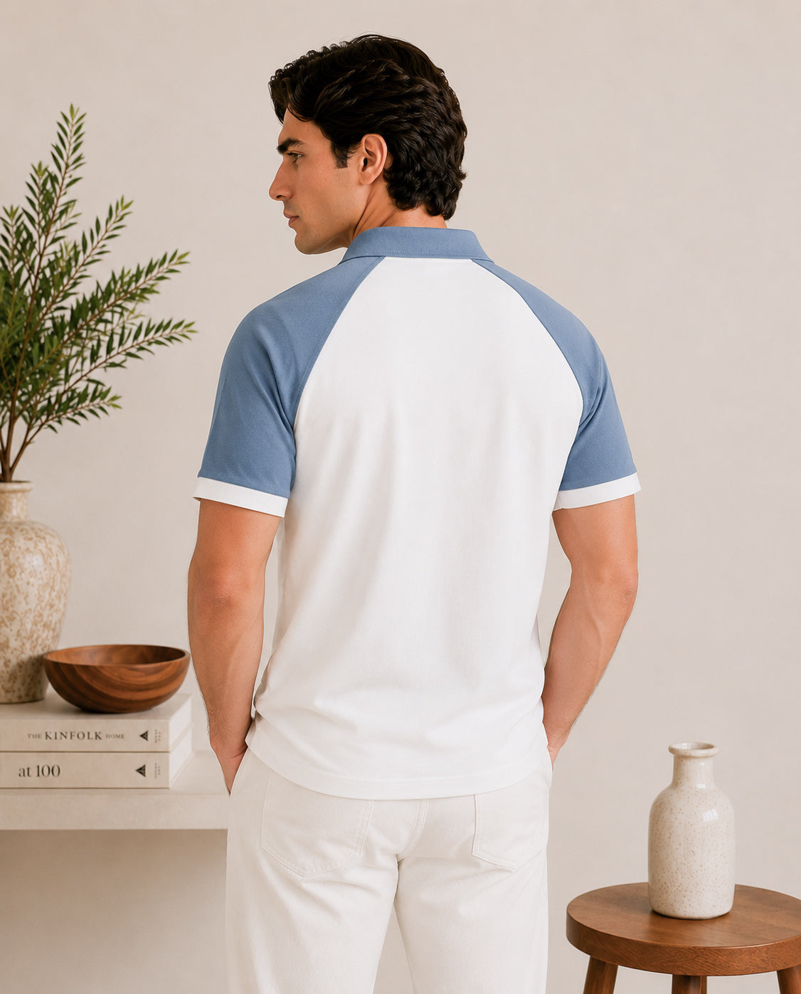 White and Sky Blue Contrast Raglan Polo - Men - Men