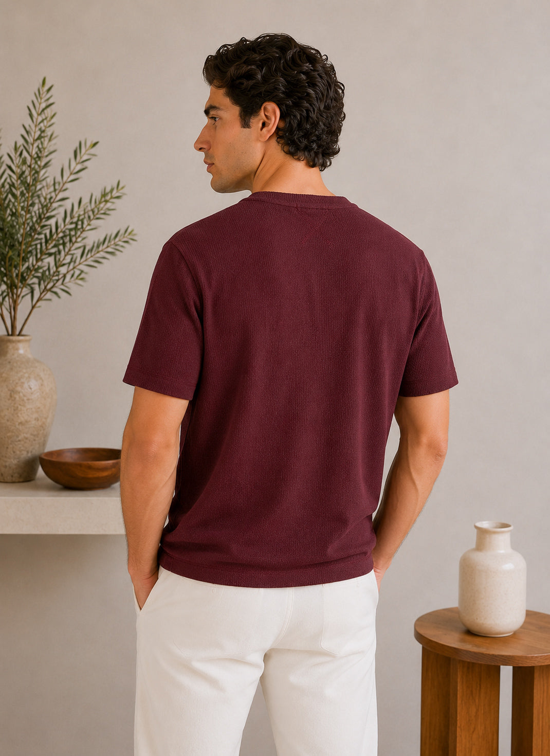 Maroon V-neck Henley - Men - Men