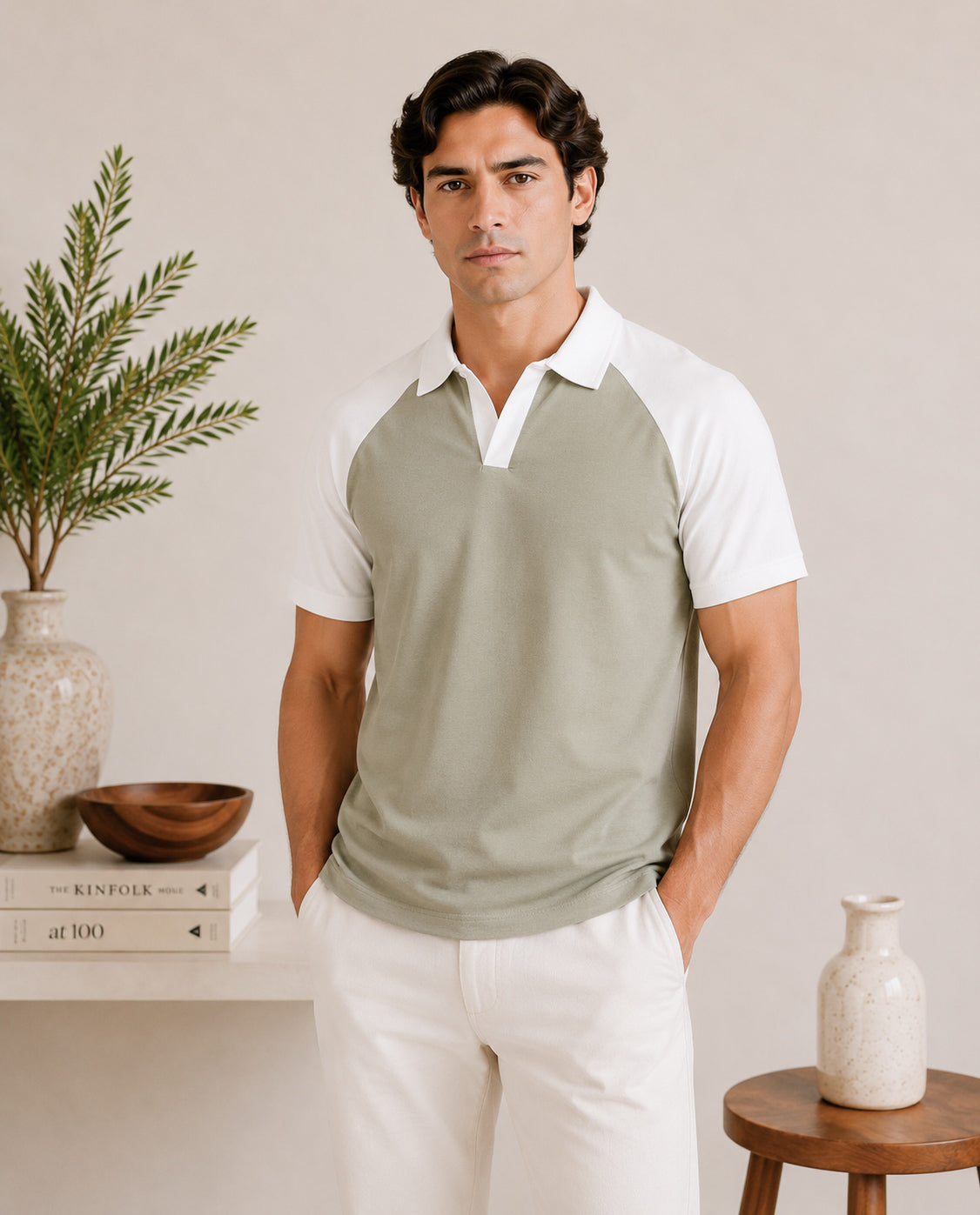 Mint and White Contrast Raglan Polo - Men - Men