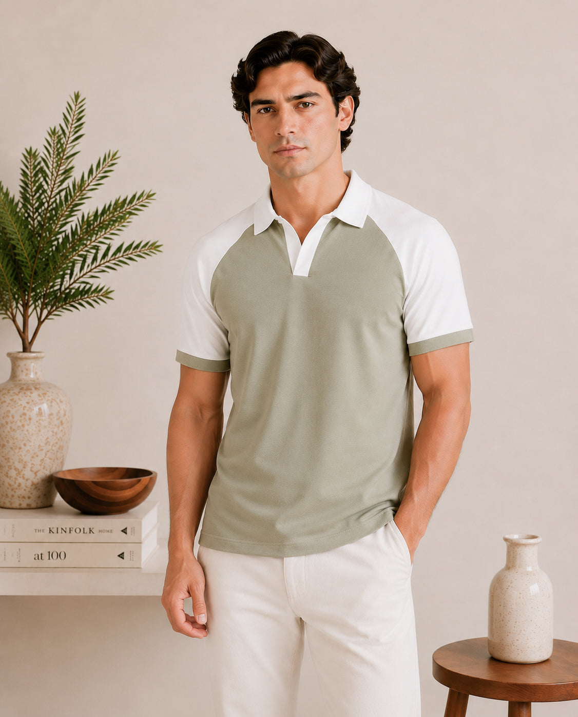 Mint and White Contrast Raglan Polo - Men - Men