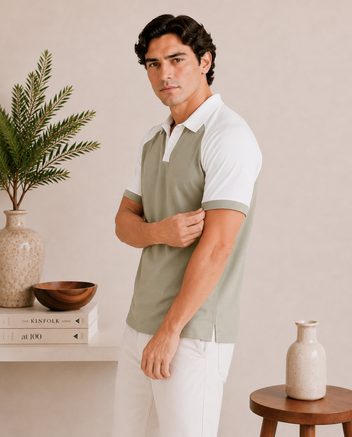 Mint and White Contrast Raglan Polo - Men - Men