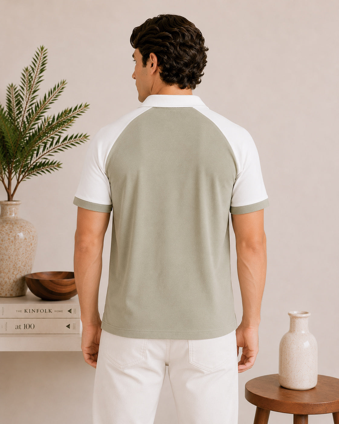 Mint and White Contrast Raglan Polo - Men - Men