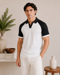 White & Black Contrast Raglan Polo - Men