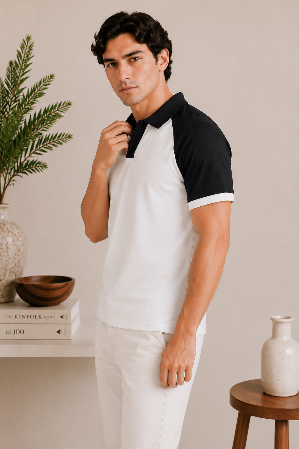White & Black Contrast Raglan Polo - Men - Men