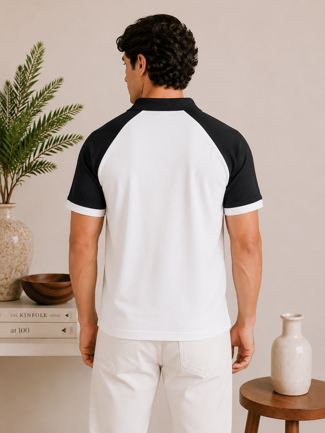 White & Black Contrast Raglan Polo - Men - Men