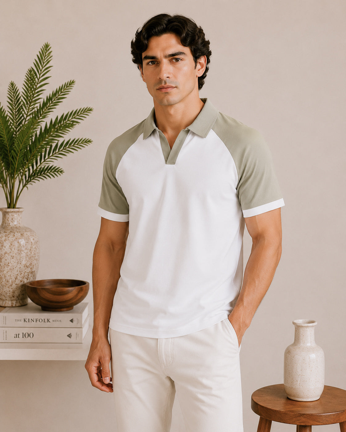 White and Mint Contrast Raglan Polo - Men - Men