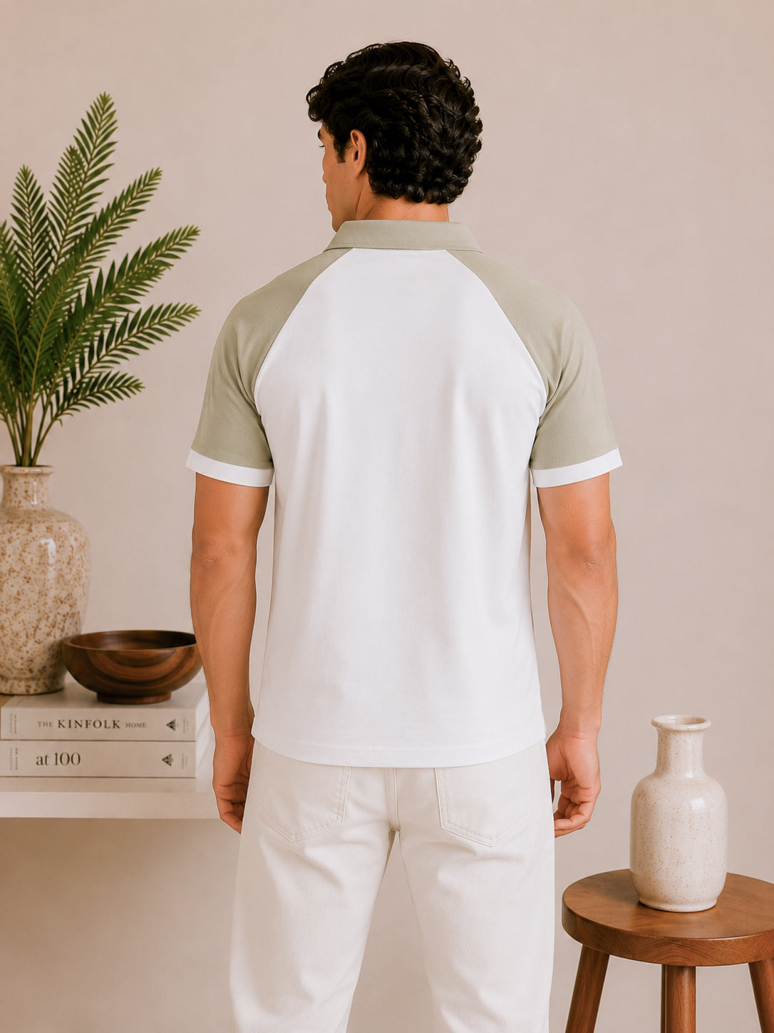 White and Mint Contrast Raglan Polo - Men - Men