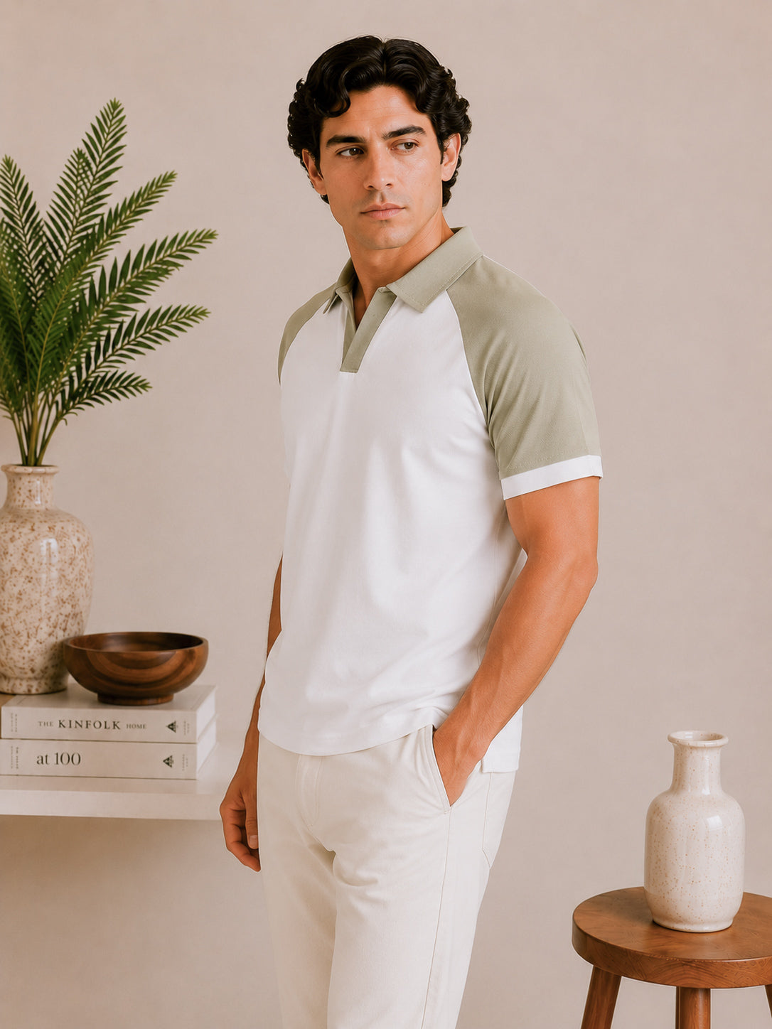 White and Mint Contrast Raglan Polo - Men - Men