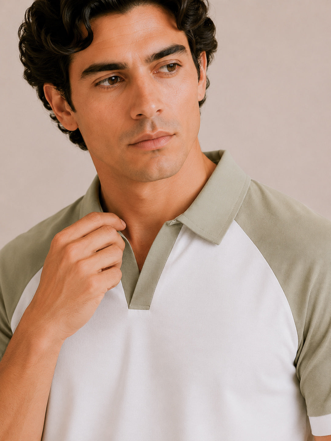 White and Mint Contrast Raglan Polo - Men - Men