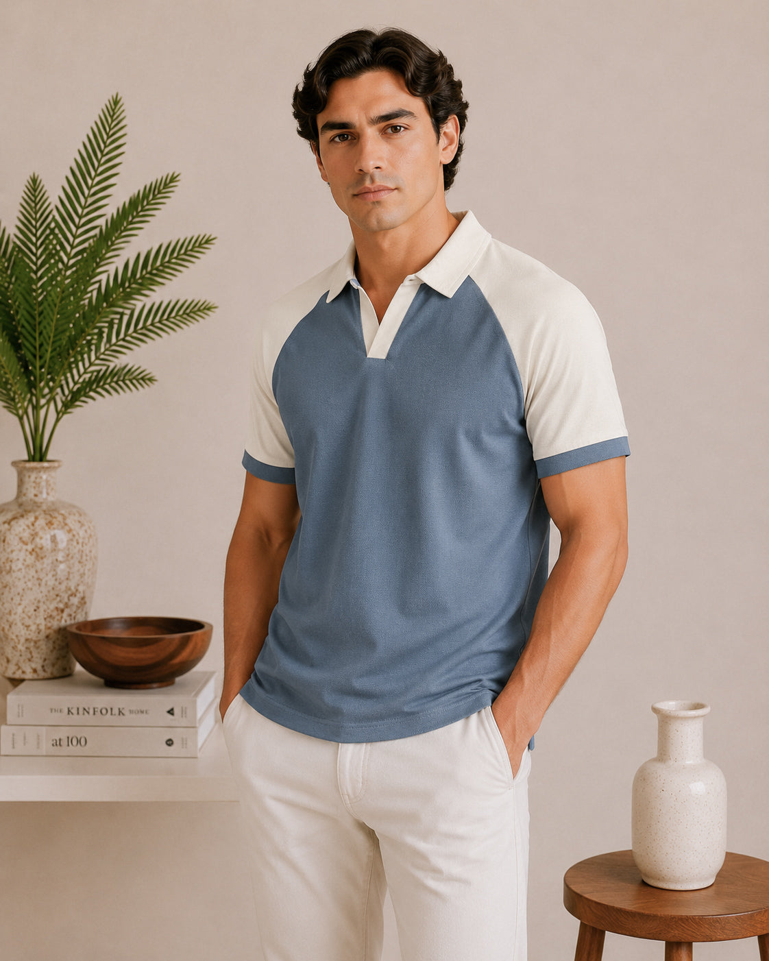 Sky Blue and White Contrast Raglan Polo - Men - Men