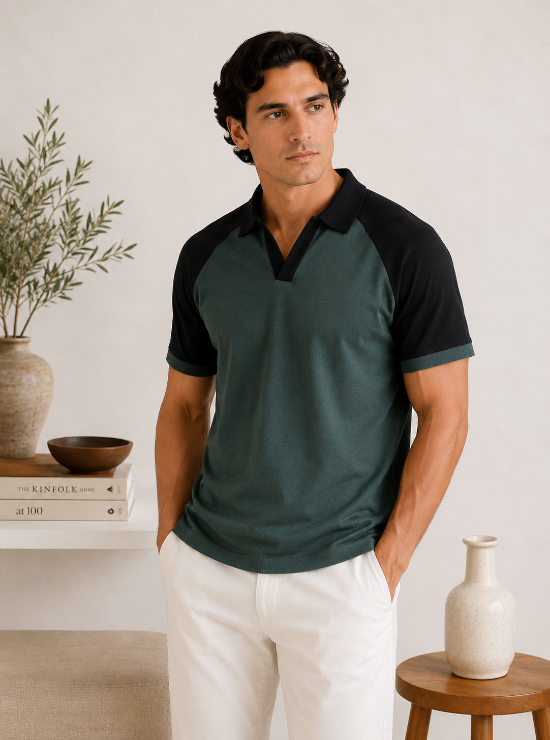 Green & Black Contrast Raglan Polo - Men - Men