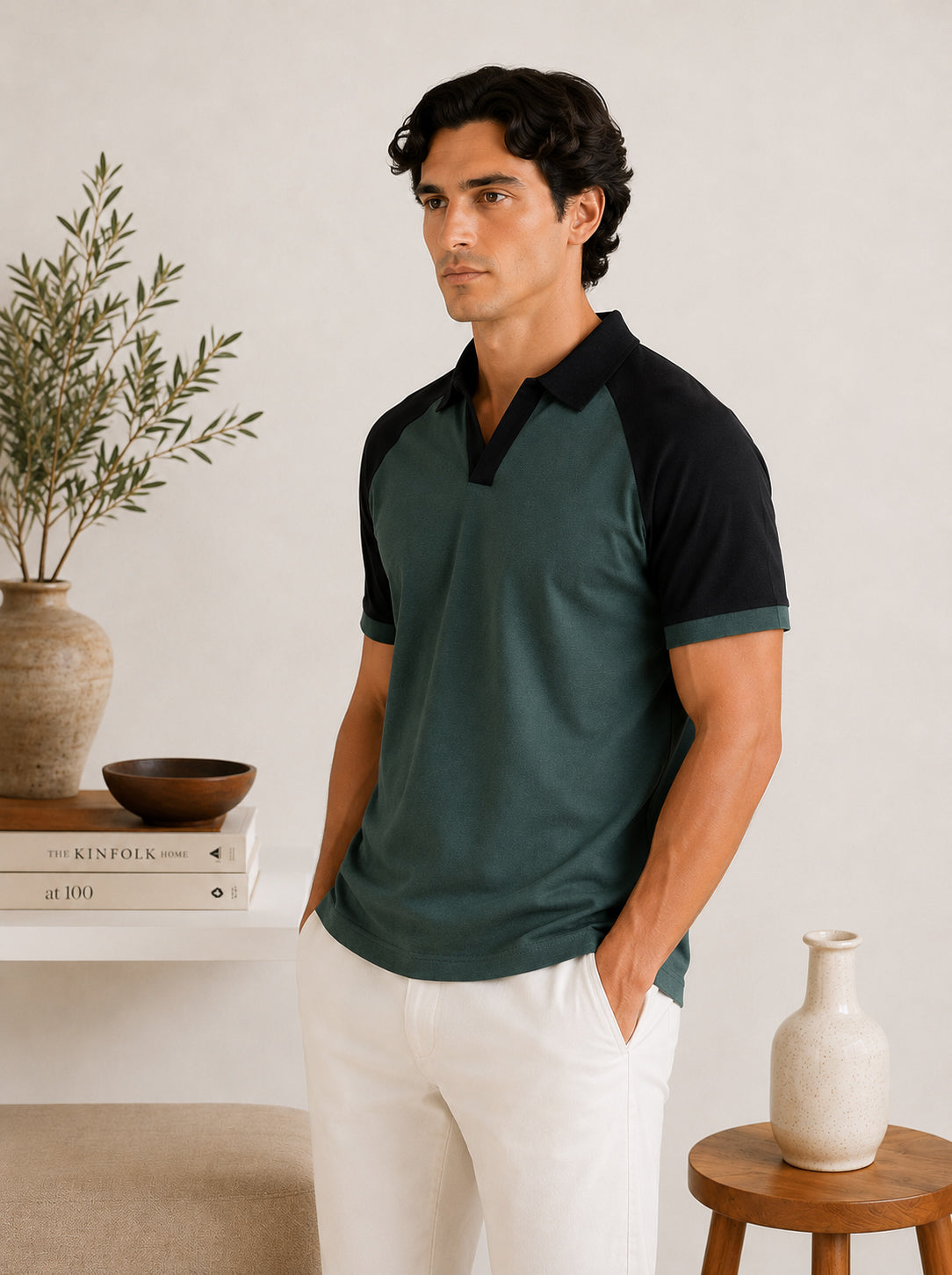 Green & Black Contrast Raglan Polo - Men - Men