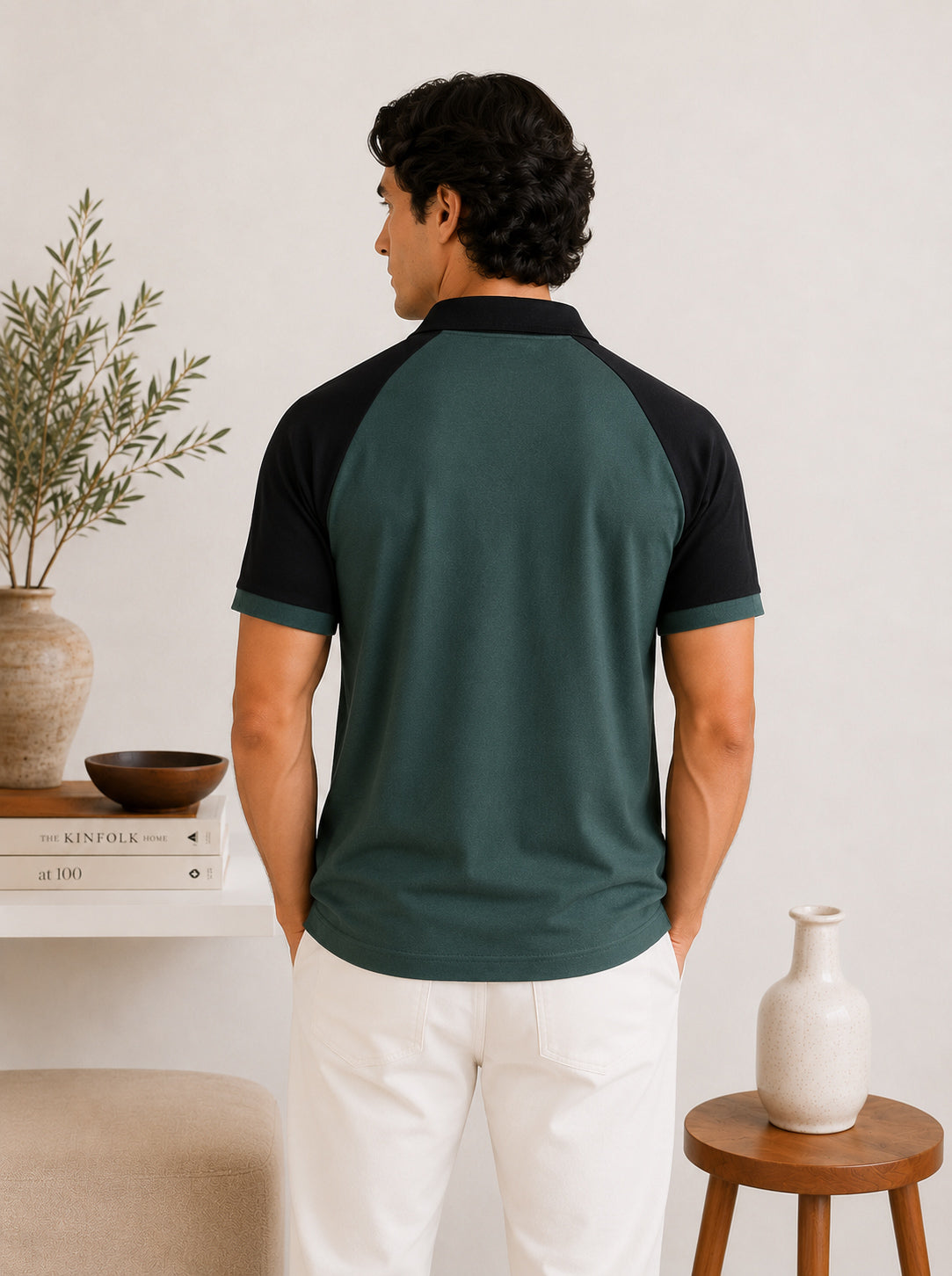 Green & Black Contrast Raglan Polo - Men - Men