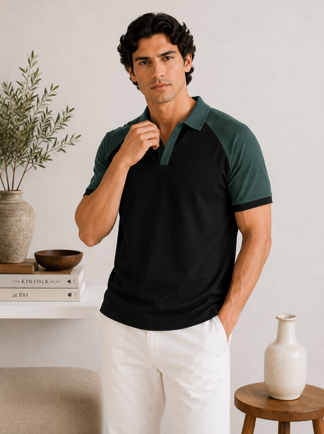 Black & Green Contrast Raglan Polo - Men - Men
