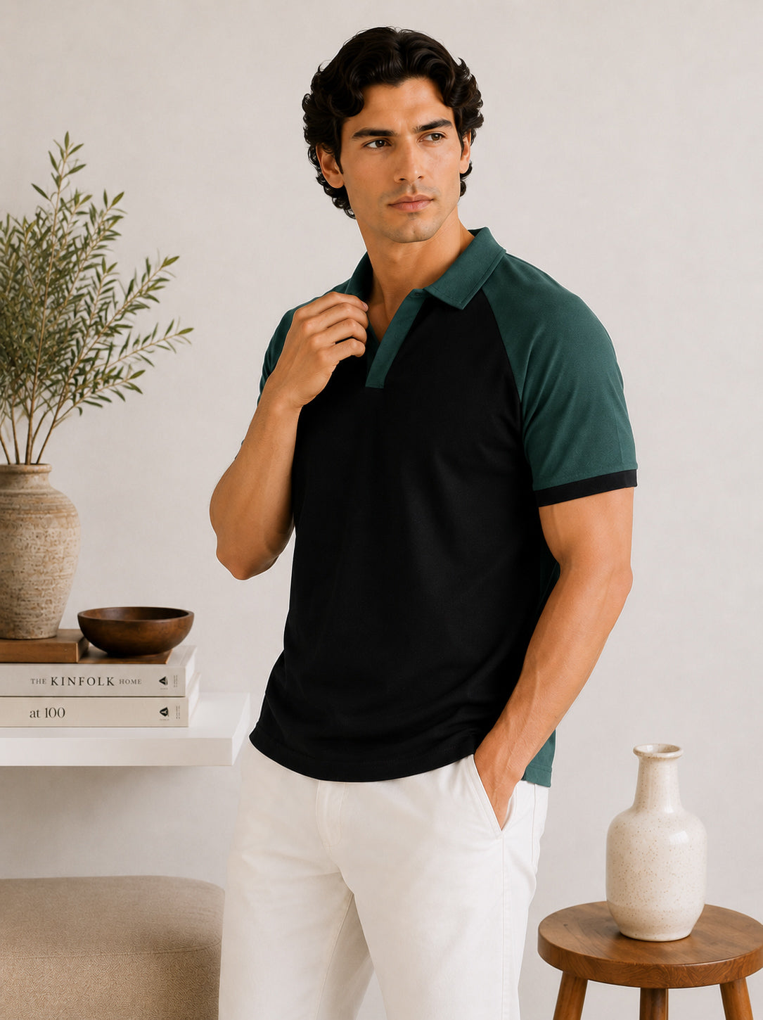 Black & Green Contrast Raglan Polo - Men - Men