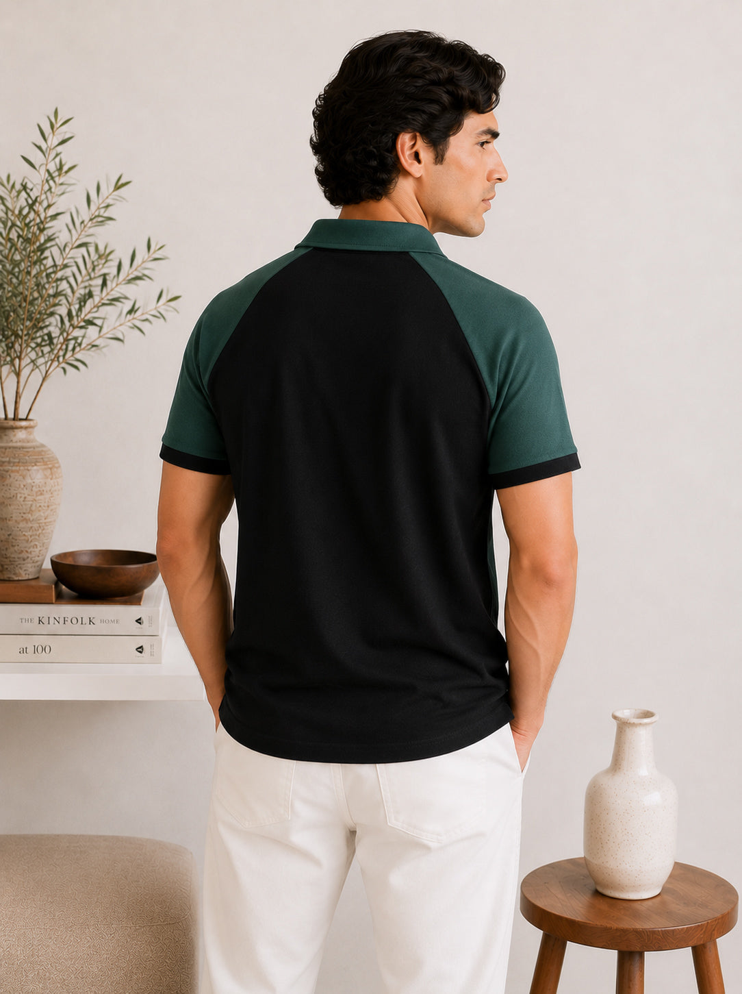 Black & Green Contrast Raglan Polo - Men - Men