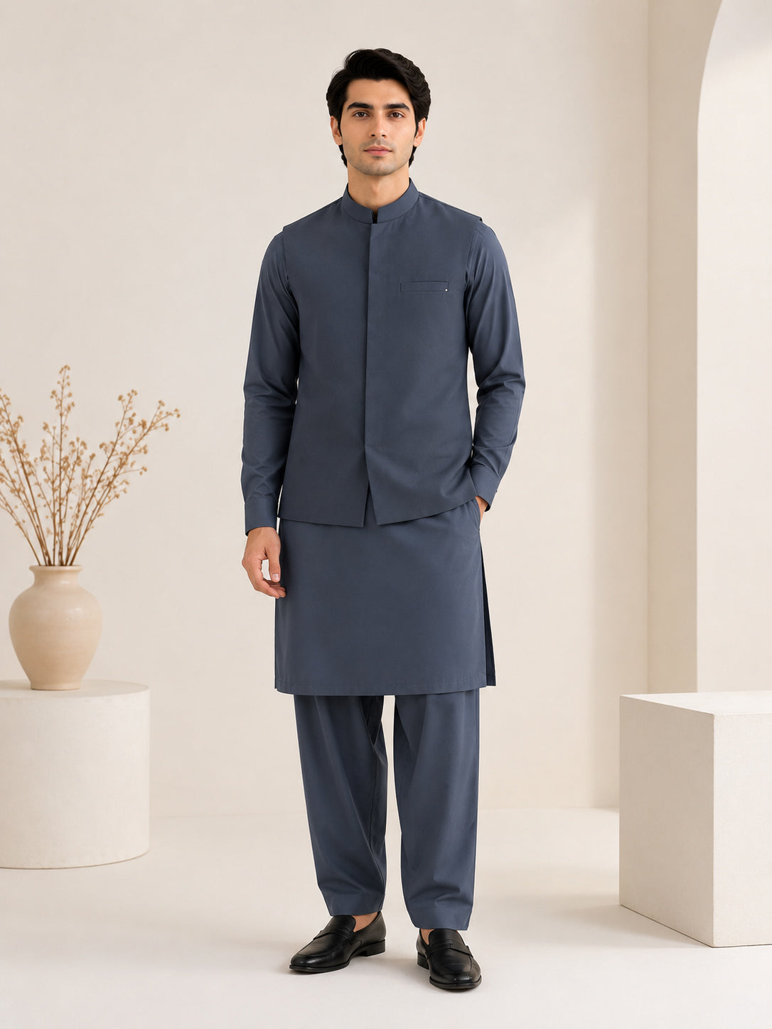 Charcoal Grey Blended Waistcoat - Straigth Cut - Men - Men