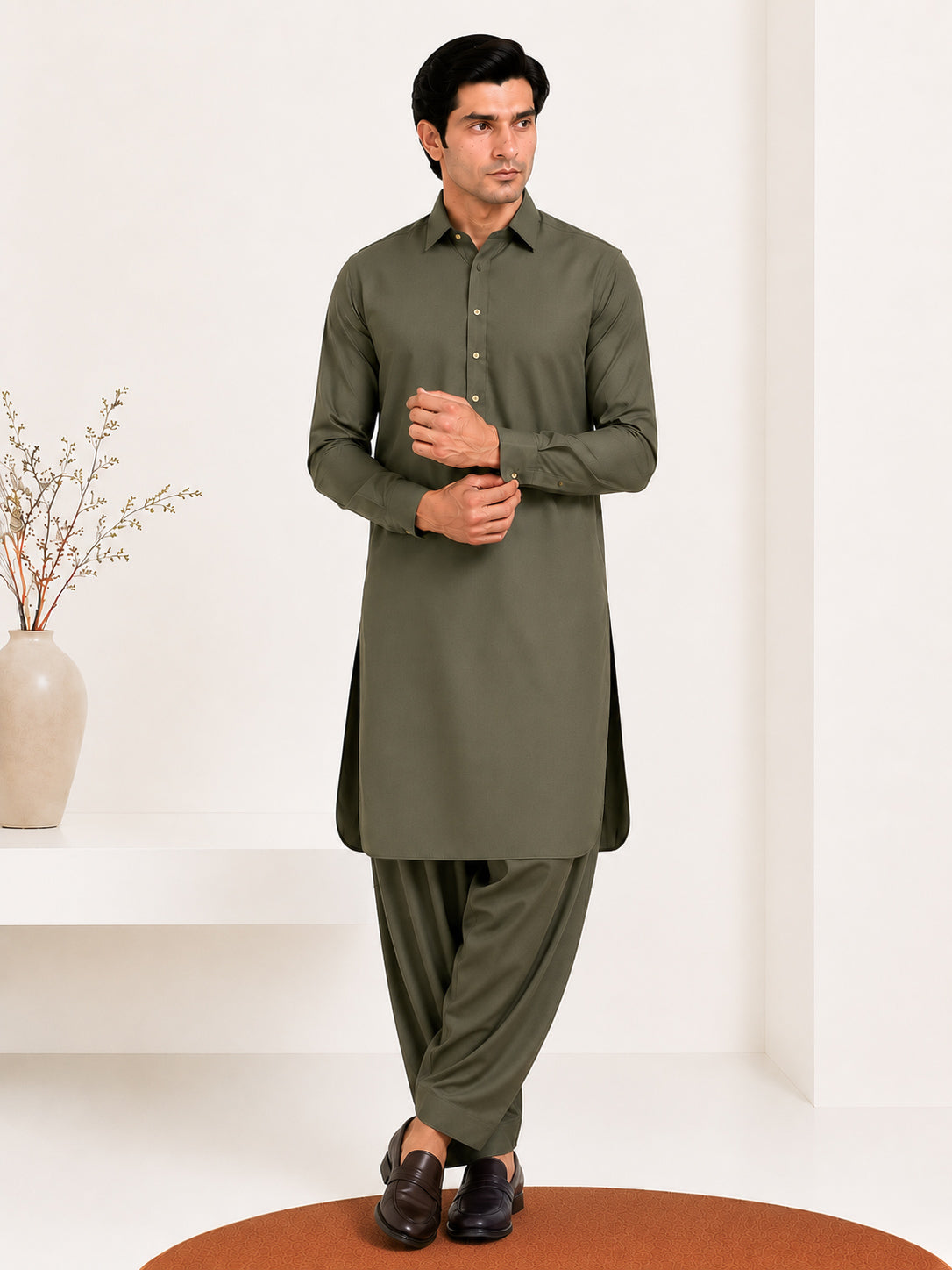 Olive Green French Collar Kameez Shalwar - Men - Men