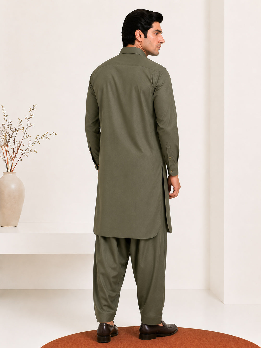 Olive Green French Collar Kameez Shalwar - Men - Men