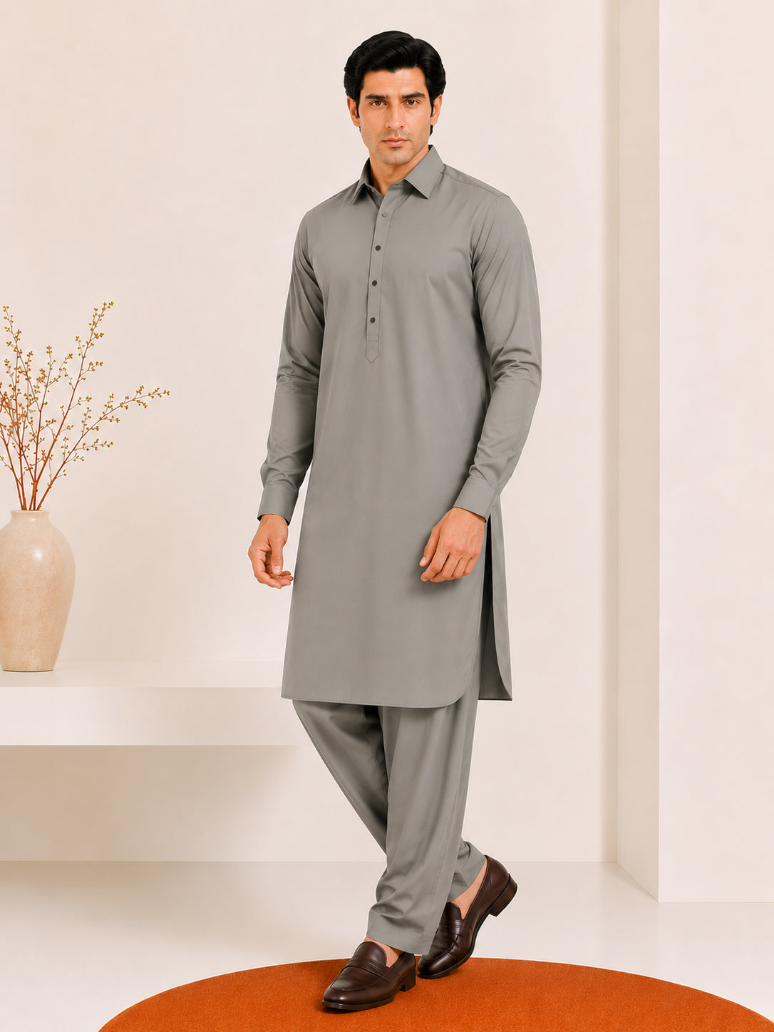 Sand Grey French Collar Kameez Shalwar - Men - Men