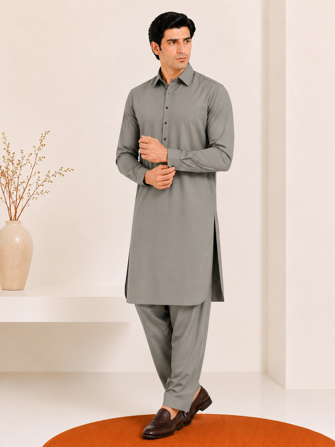 Sand Grey French Collar Kameez Shalwar - Men - Men