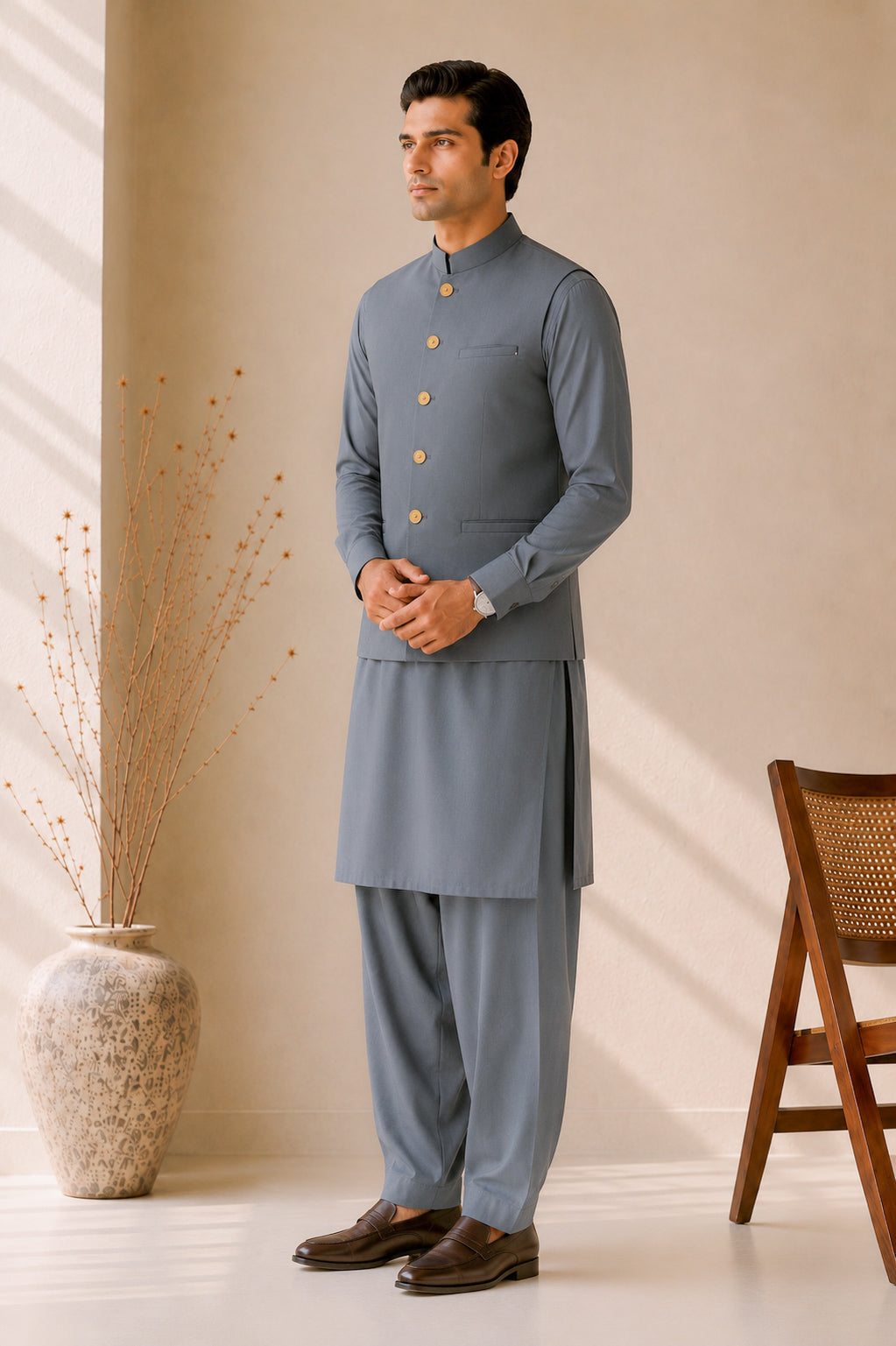 Bluish Grey Kurta Shalwar with Suiting Waistcoat - Straight Cut - Men - Men