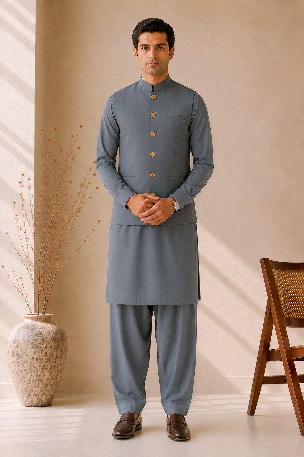 Bluish Grey Kurta Shalwar with Suiting Waistcoat - Straight Cut - Men - Men