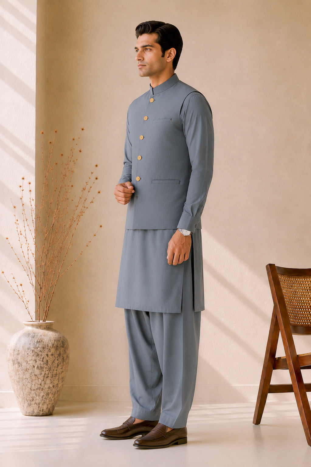Bluish Grey Kurta Shalwar with Suiting Waistcoat - Straight Cut - Men - Men