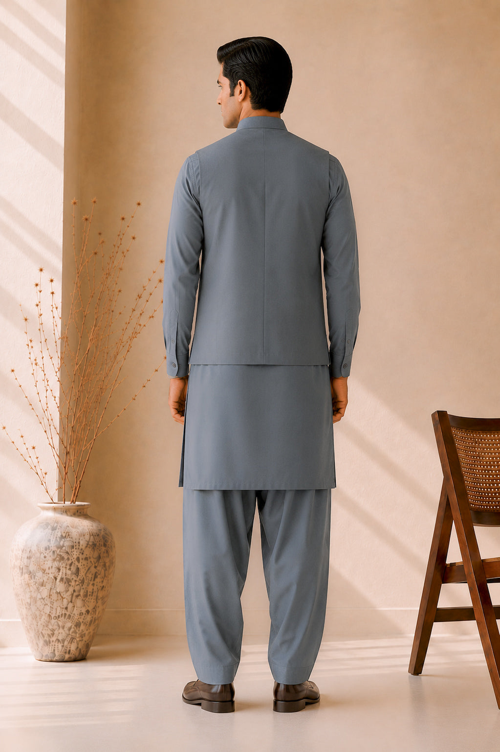 Bluish Grey Kurta Shalwar with Suiting Waistcoat - Straight Cut - Men - Men