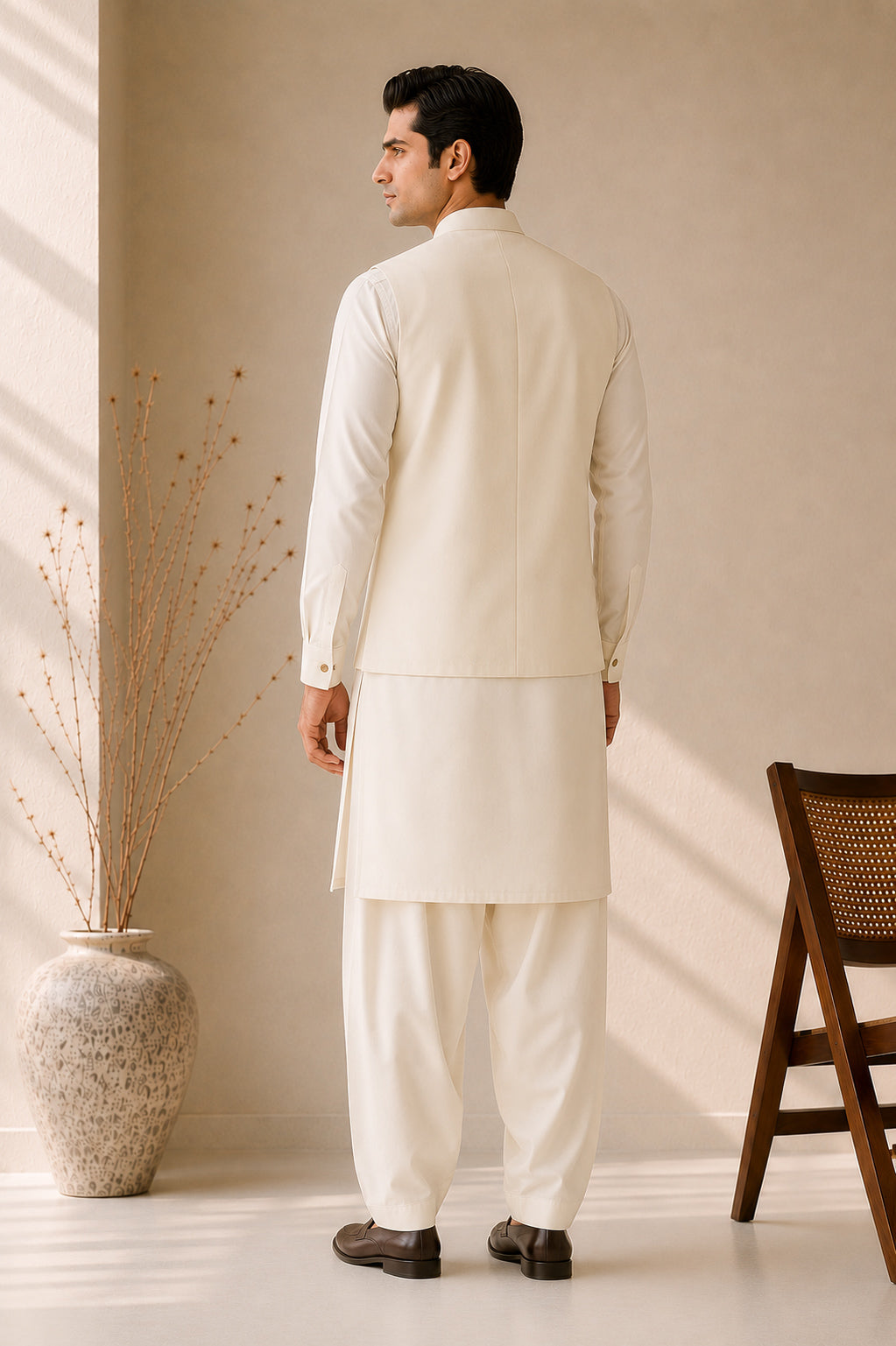 Bosky White Kurta Shalwar with Suiting Waistcoat - Straight Cut - Men - Men