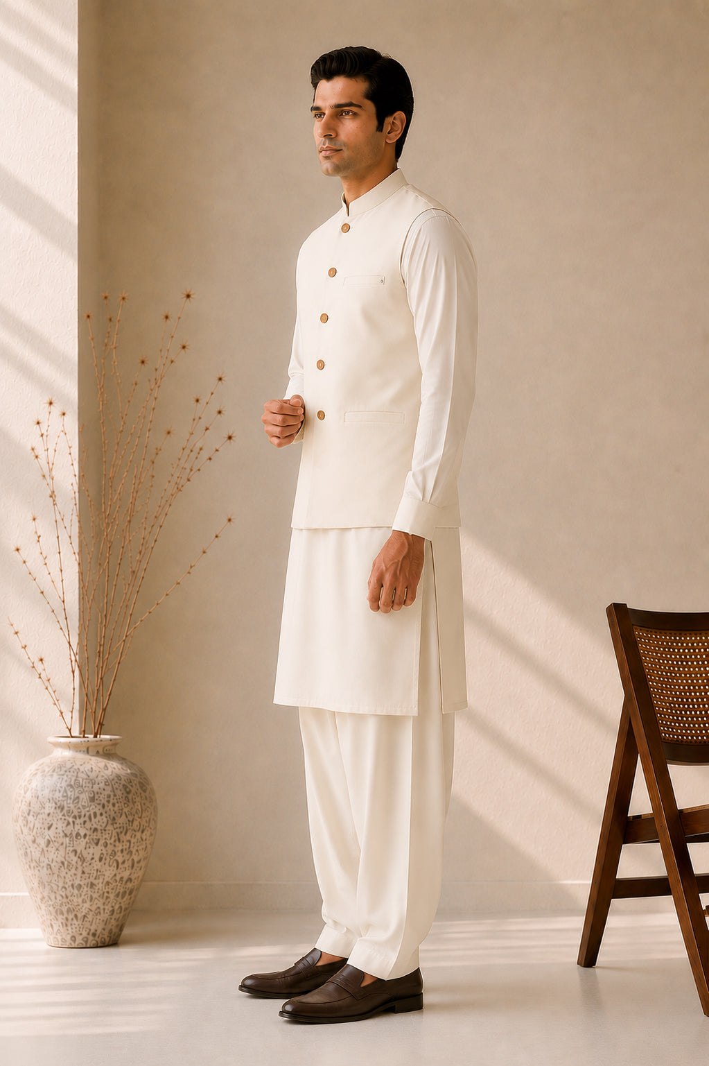 Bosky White Kurta Shalwar with Suiting Waistcoat - Straight Cut - Men - Men
