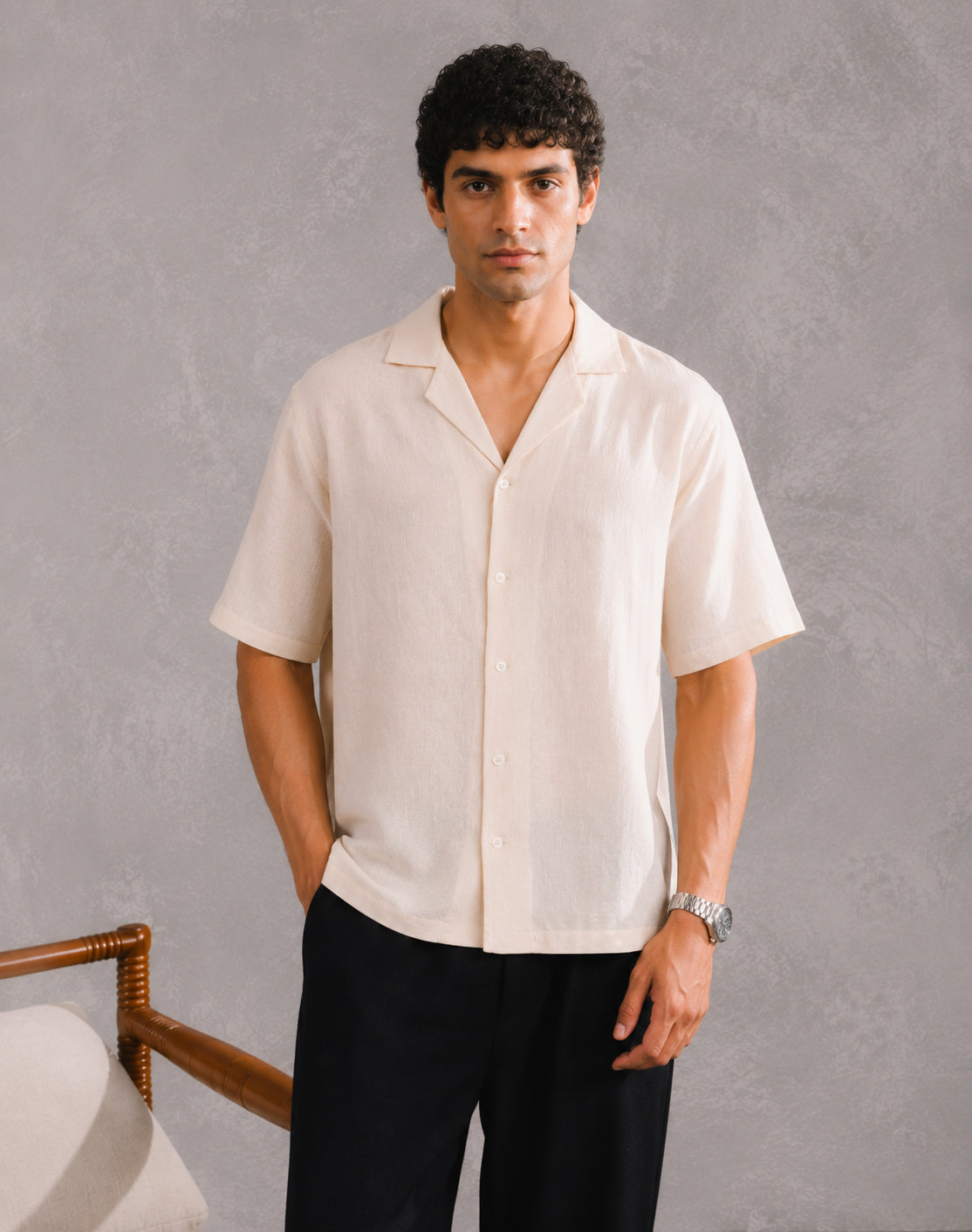Off white Linen Blended Boxy Shirt - Men