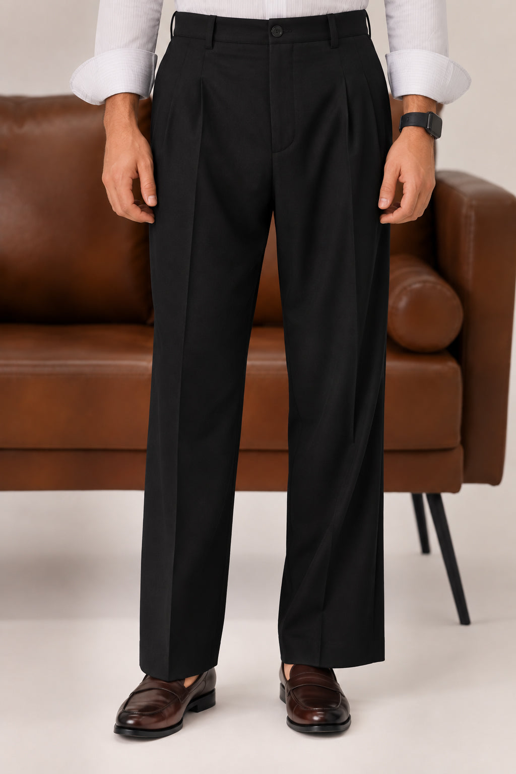Black Elasticated Double-Pleat Relaxed Dress Pants