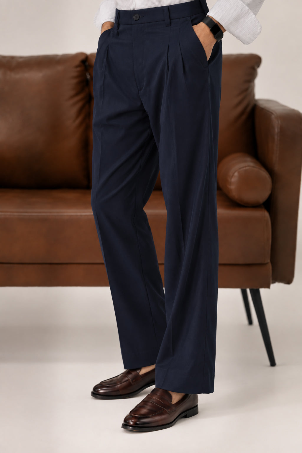 Navy Elasticated Double-Pleat Relaxed Dress Pants