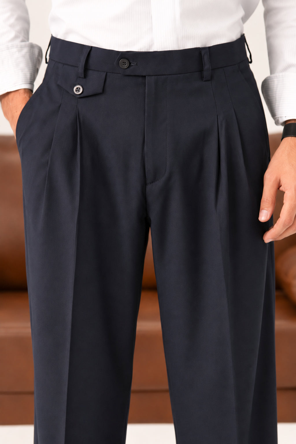 Navy Coin-Pocket Relaxed Dress Pants