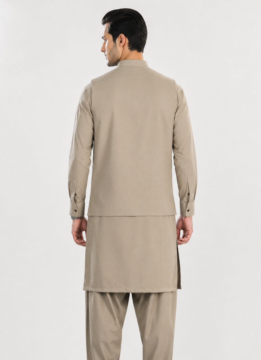 Sand Beige Kameez Shalwar with Blended Waistcoat - Straight Cut - Men