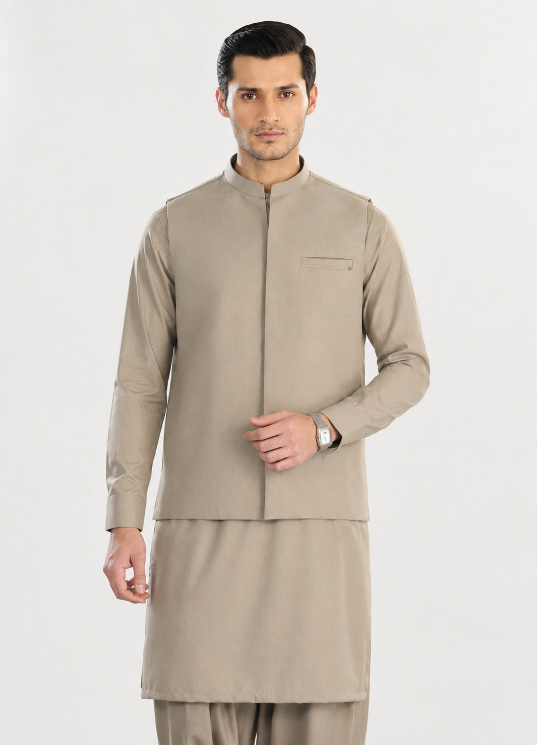 Sand Beige Kameez Shalwar with Blended Waistcoat - Straight Cut - Men