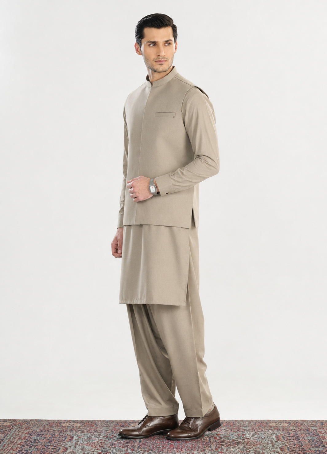 Sand Beige Kameez Shalwar with Blended Waistcoat - Straight Cut - Men