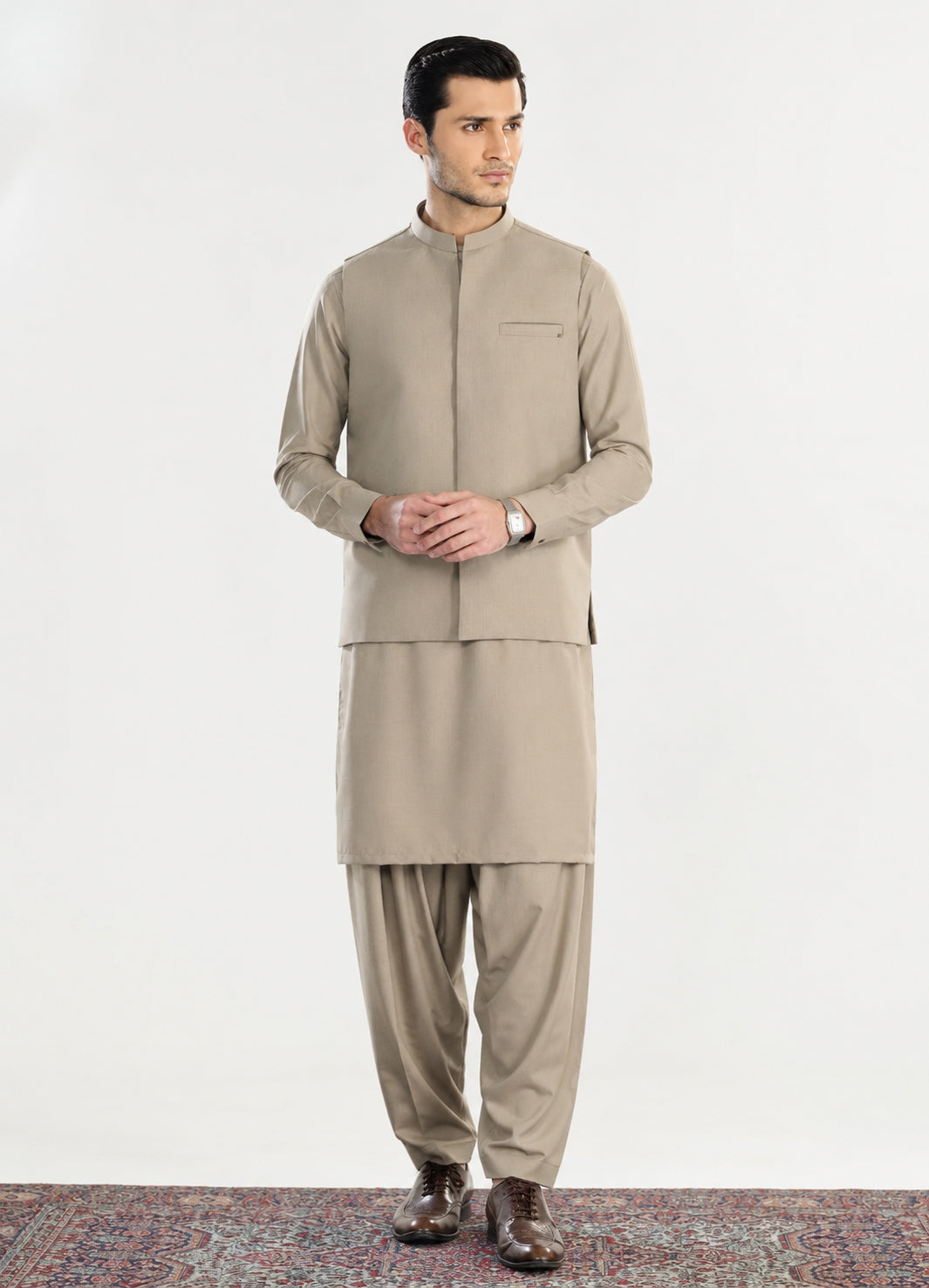 Sand Beige Kameez Shalwar with Blended Waistcoat - Straight Cut - Men