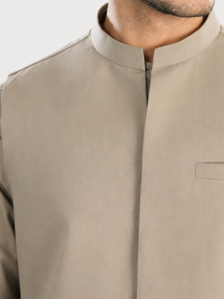 Sand Beige Kameez Shalwar with Blended Waistcoat - Straight Cut - Men