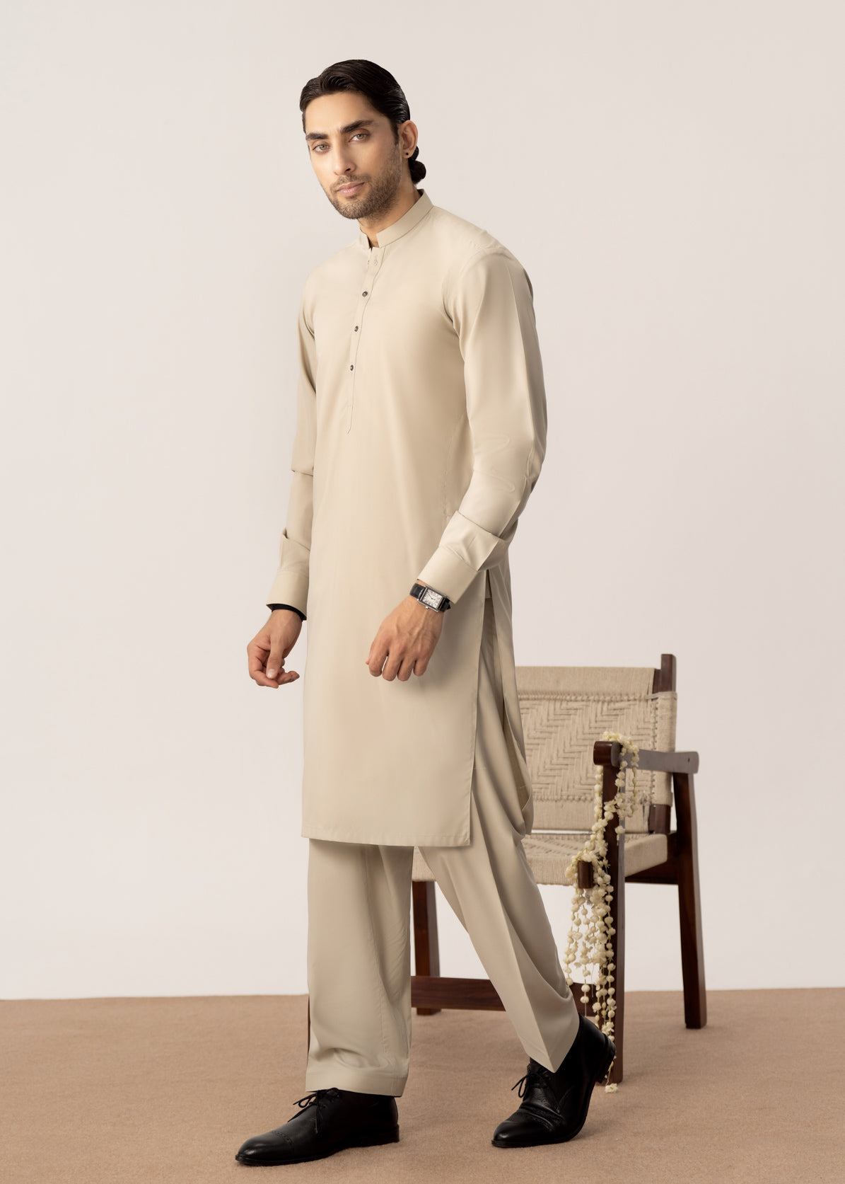 Light Beige Kurta Shalwar with Pick-Stitch Matching Waistcoat - Men - Men