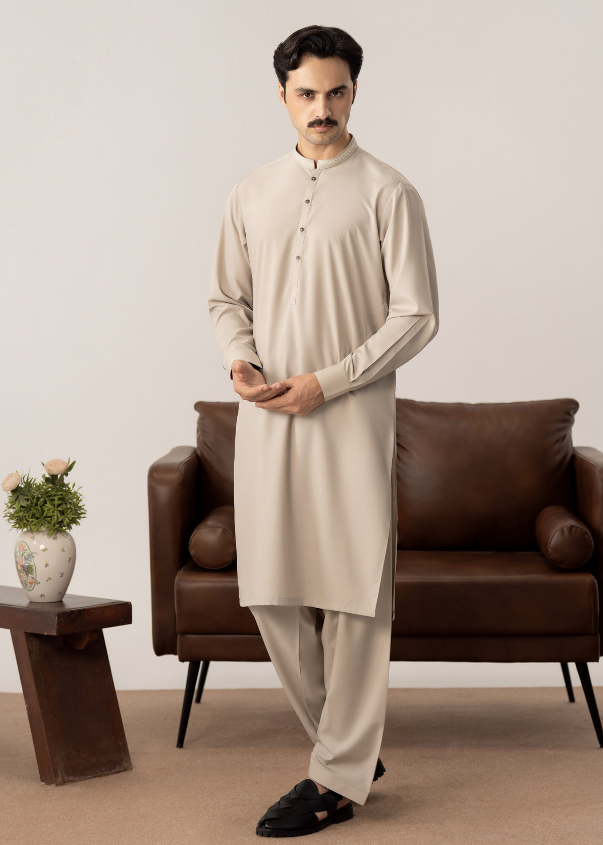 Formal Ash Beige Kurta Shalwar - Collar Neck Embroidered - Men