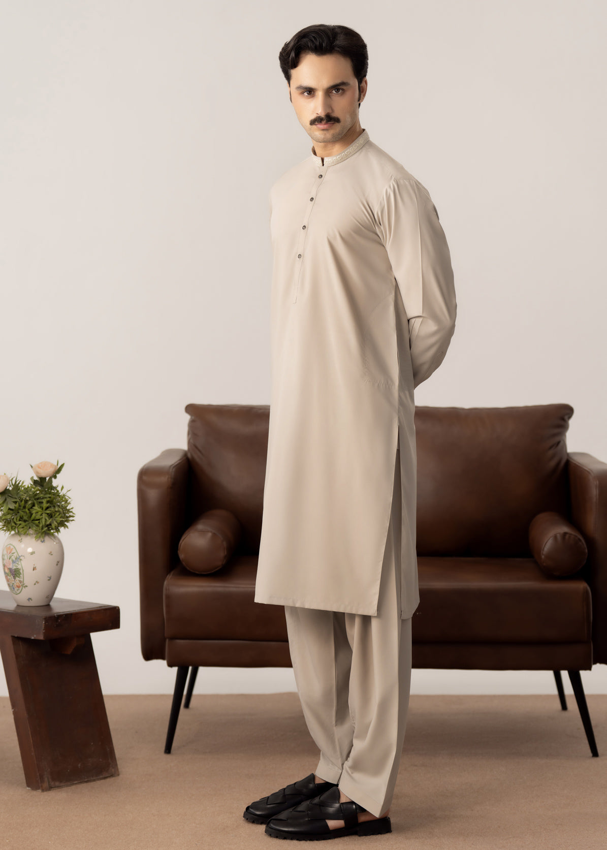 Formal Ash Beige Kurta Shalwar - Collar Neck Embroidered - Men